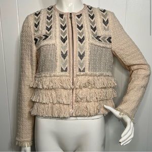 Rebecca Taylor Tweed Fringe Embroidered Zip Up Cropped Jacket Size 6